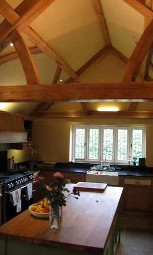 internal exposed timber beams to kitchen